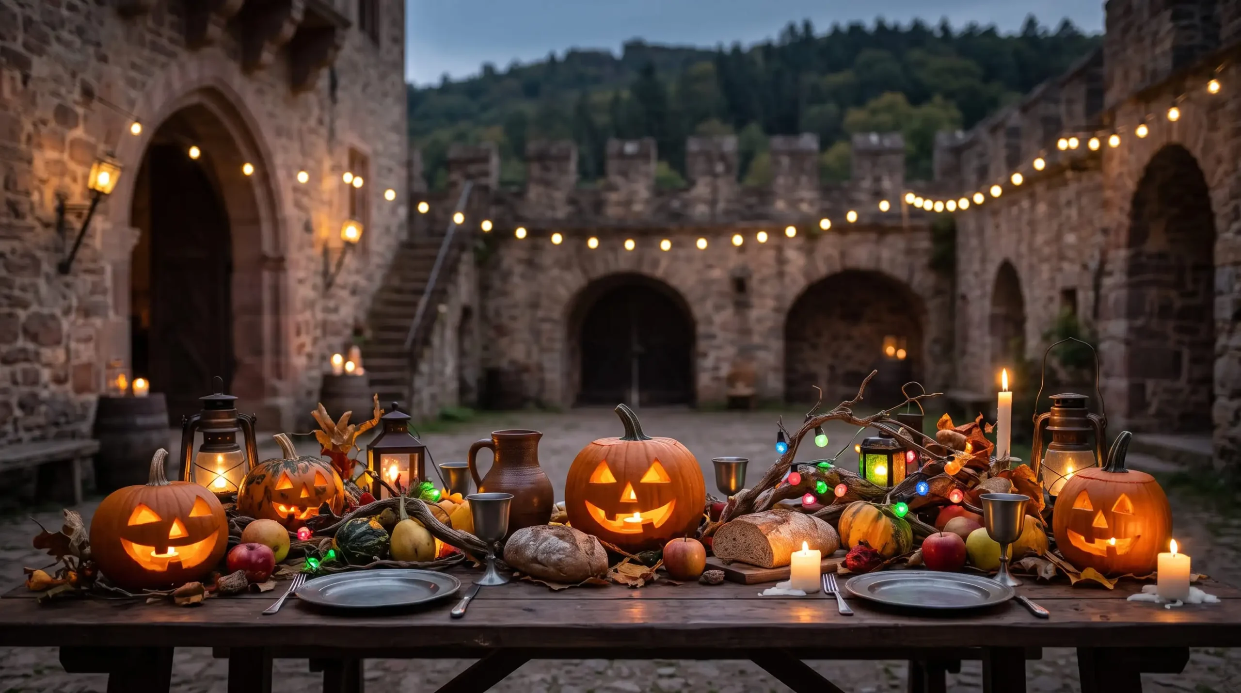 Halloween in Bensheim 2026: Stimmungsvoll beleuchteter Innenhof von Schloss Auerbach mit einer herbstlichen Tafel voller leuchtender Kürbisse, Lichterketten, historischen Laternen und einem rustikalen Rittermahl ohne Menschen bei Dämmerung.