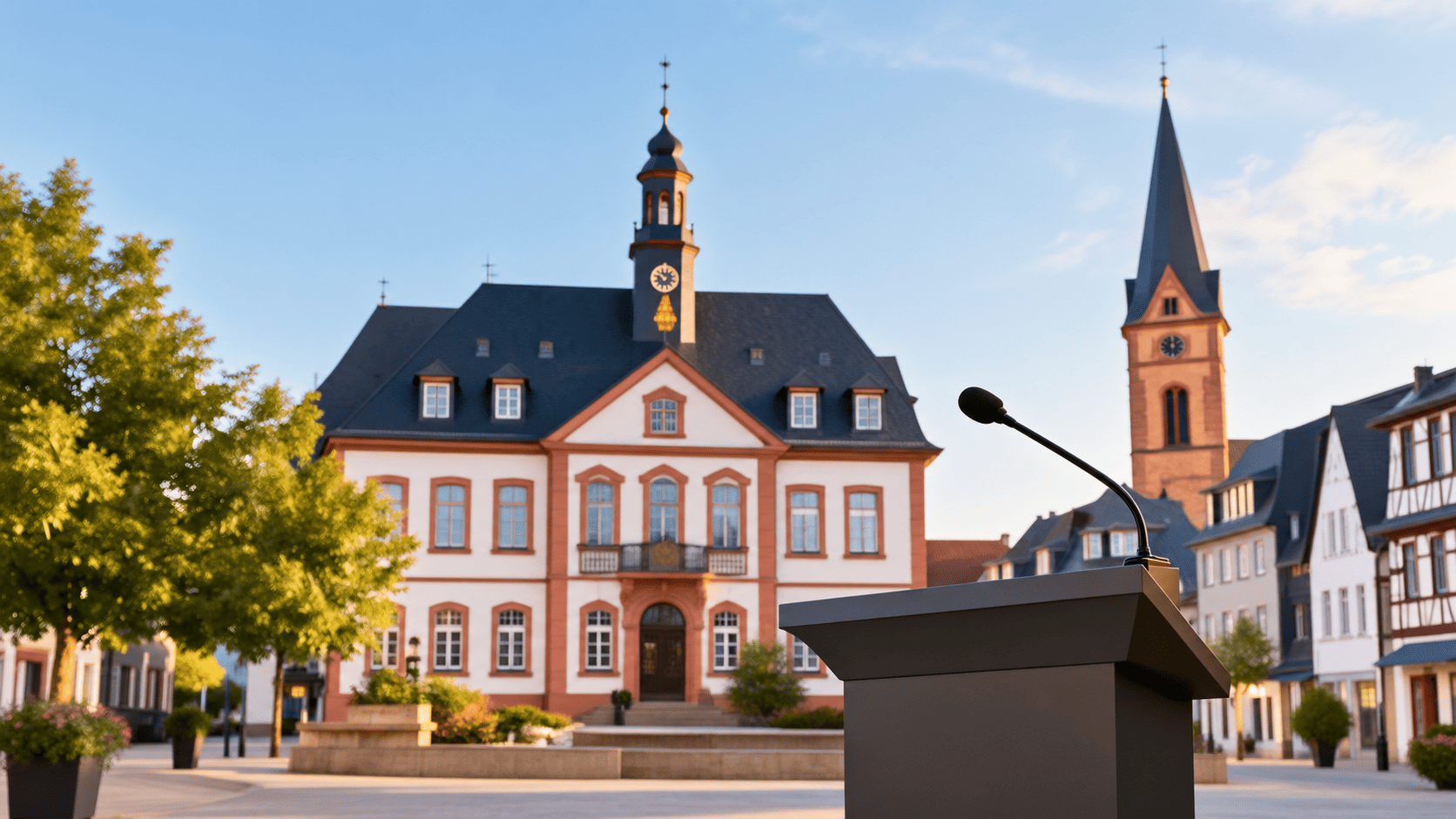 Bürgermeisterwechsel Bensheim Marktplatz und ein Pult mit Mikrophone