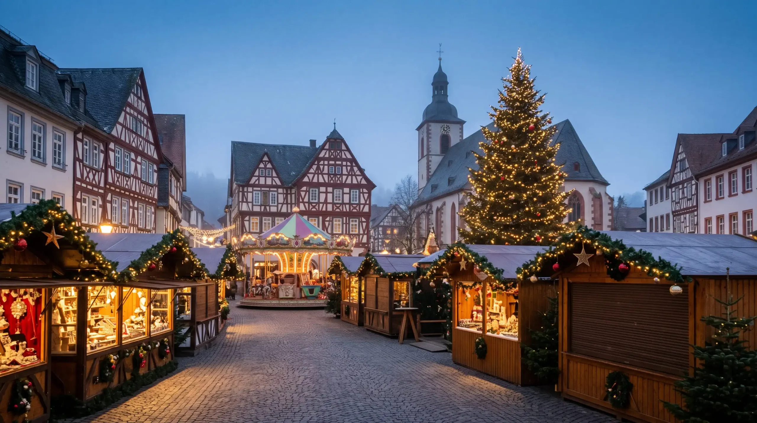Der Weihnachtsmarkt Bensheim 2026 in der historischen Altstadt bei einbrechender Dämmerung, stimmungsvoll erleuchtet mit weihnachtlich geschmückten Holzbuden, einem prachtvollen, hell beleuchteten Weihnachtsbaum und einem nostalgischen Karussell vor der Kulisse traditioneller Fachwerkhäuser und der Stadtkirche Sankt Georg ohne Menschen.