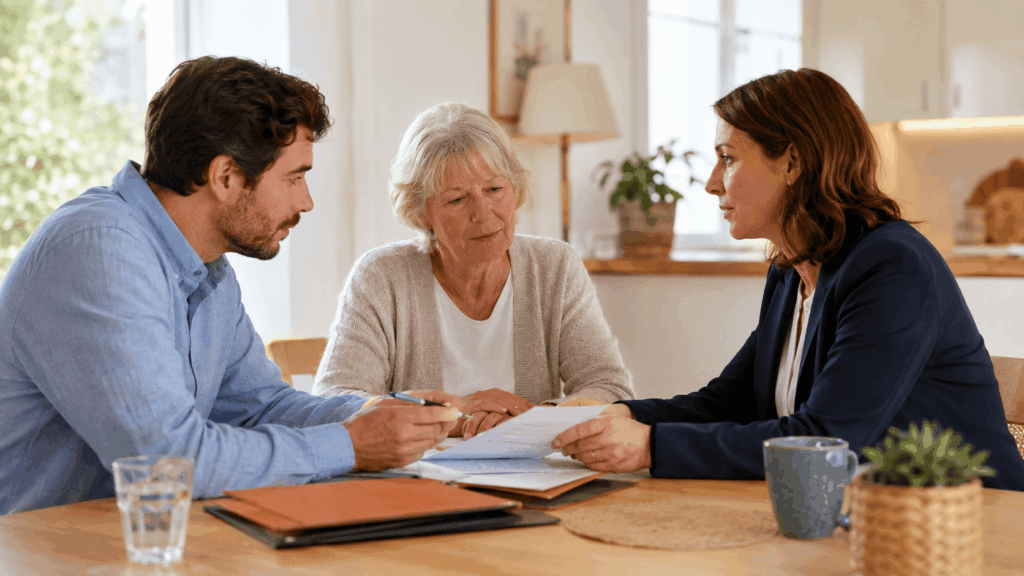 Eine Beraterin erklärt einer Seniorin und einem Mann am Tisch Unterlagen zum Pflegegeld