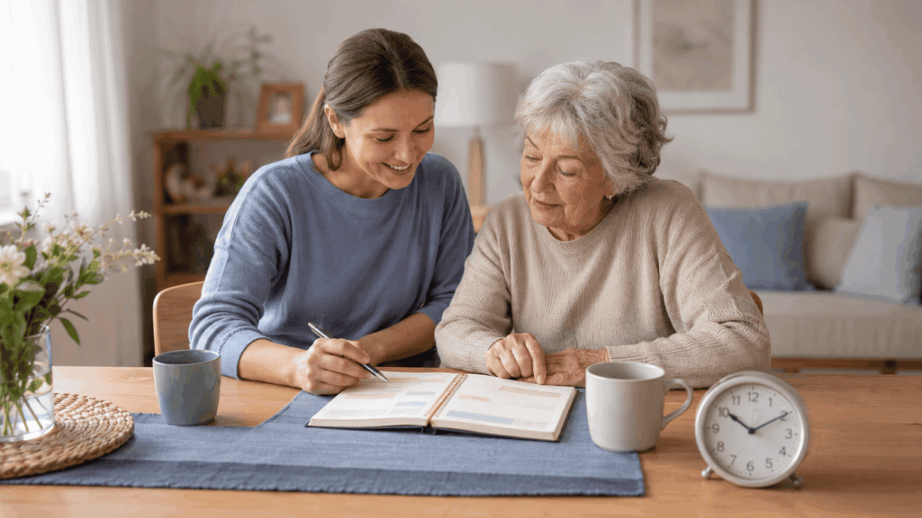 Eine Frau und eine Seniorin planen gemeinsam die Betreuungszeiten in einem Kalender, daneben steht eine Uhr